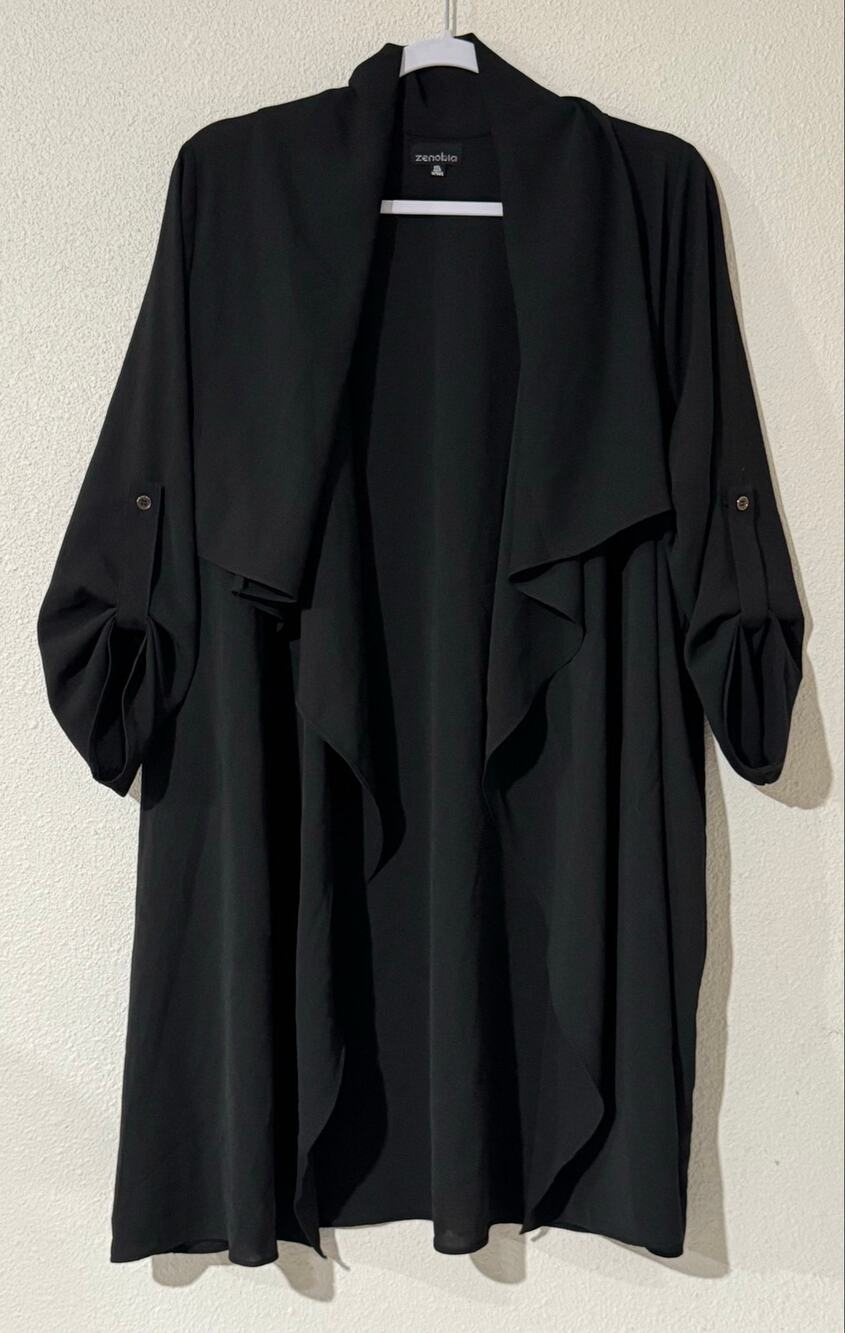 Effortless Elegance: Zenobia Black Drape-Front Roll-Tab Cardigan, 1XL Slouchy